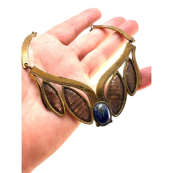 Vintage Brass Copper Statement Necklace Lapis Lazuli Centerpiece - Picture 6 of 7